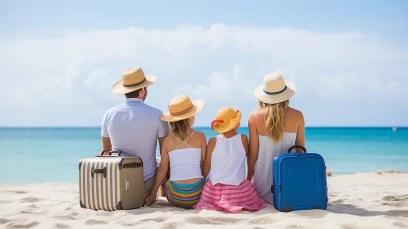 Family sitting with their backs to the shore at Cala d'Or Playa Hotel